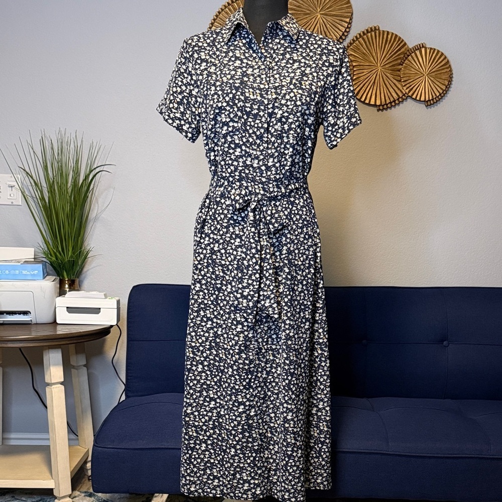 Code x Mode Floral Navy Blue Button Front Midi Dress size Small